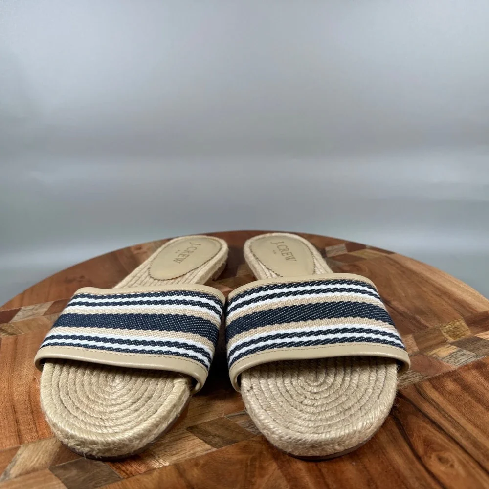 J.Crew‎ Womens Striped Espadrille Slide Sandals Tan Navy Blue White Size 6